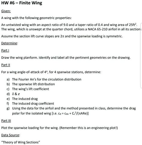 SOLVED HW 6 Finite Wing Given A Wing With The Following Geometric