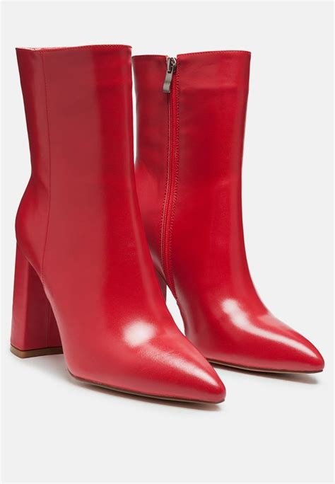 Margen Ankle High Pointed Toe Block Heeled Boot In Red Pointed Toe Block Heel Block Heel