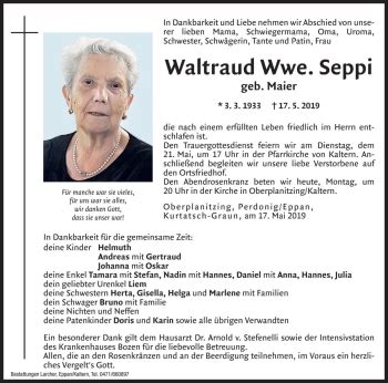 Traueranzeigen Von Waltraud Seppi Trauer Bz