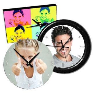 A Clock With Two Faces On It And A Man Pointing At The Camera In Front