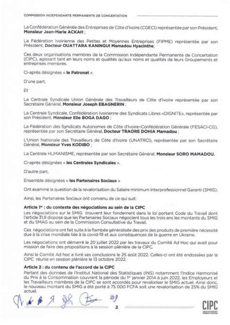 Côte dIvoire le Smig passe à 75 000 fcfa à partir de janvier 2023