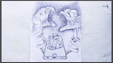 Mobile Phone Addiction Poster Drawing Step By Step Pencil Sketch