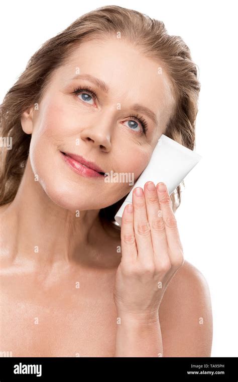 Beautiful Mature Woman With Perfect Skin Holding Moisturizing Face Cream Isolated On White Stock