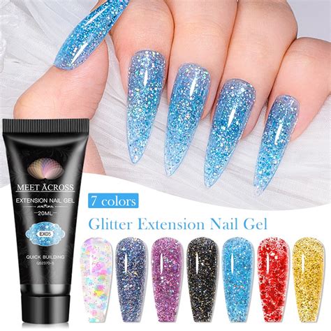 MEET ACROSS 20ml Glitter Poly Nail Gel Clear Pink Hot Sale Fashion Colors Quick Builder