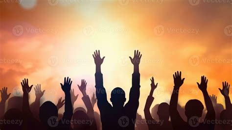 Silhouette Of A Group Of People Raising Their Hands In The Air Human