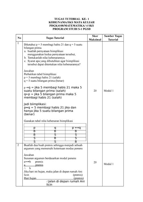 Kunci Jawaban Tugas Tugas Tutorial Ke Kode Nama Sks Mata Kuliah