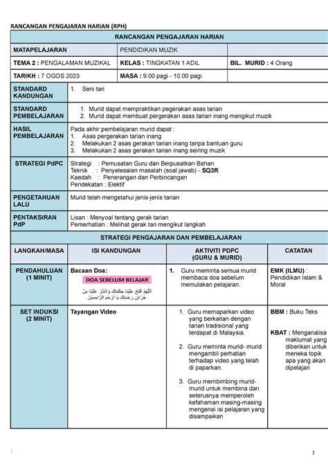 RPH Pentaksiran RANCANGAN PENGAJARAN HARIAN RPH RANCANGAN