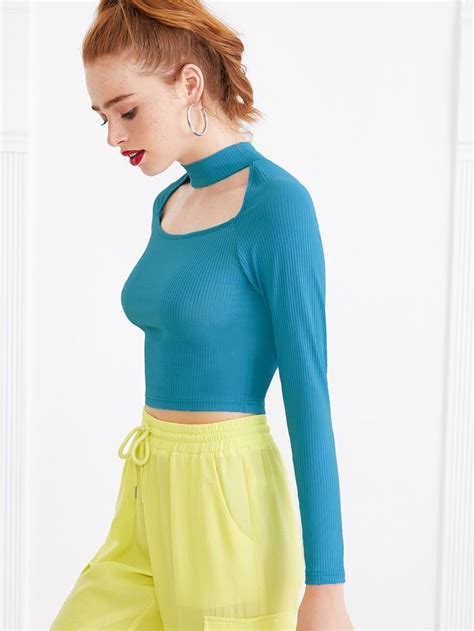 Shein Cut Out Choker Neck Rib Knit Top Knit Top Rib Knit Top Neck