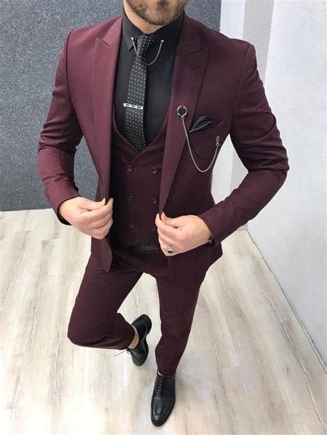 Men Suits Burgundy 3 Piece Slim Fit Elegant Wedding Suit Party Wear