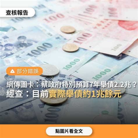 【部份錯誤】網傳圖卡「蔡政府7年特別預算舉債2 2兆，每人背債25 6萬」？ 台灣事實查核中心