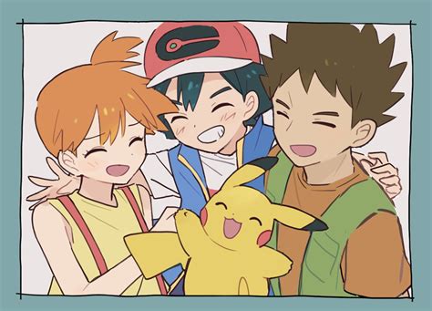 Safebooru 1girl 2boys D Ash Ketchum Black Hair Blue Jacket Blush Border Brock Pokemon Brown