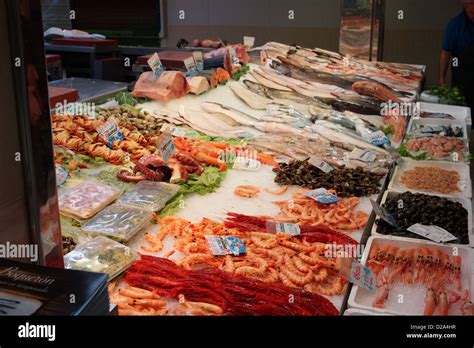 Fresh Fish Market Spain Food Madrid Seafood Vendor Fishmonger Stock