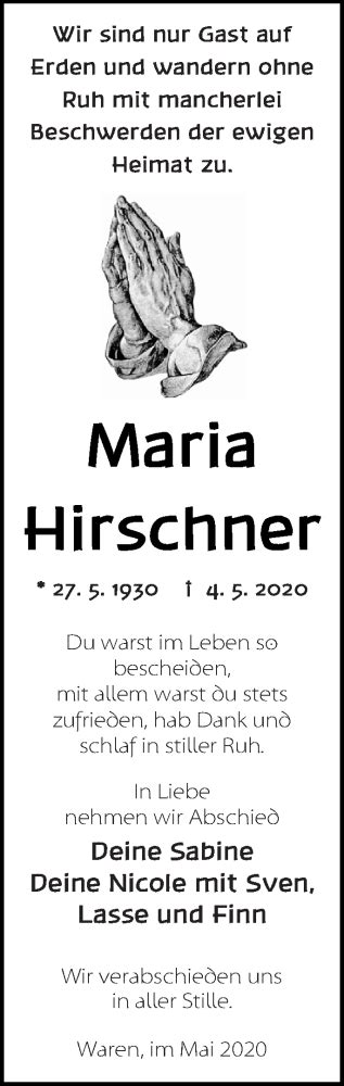 Traueranzeigen Von Maria Hirschner Trauer Nordkurier