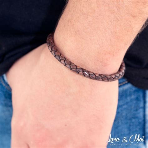 Bracelet En Cuir Tress Brun Fonc Antique Avec Acier Noir Dor