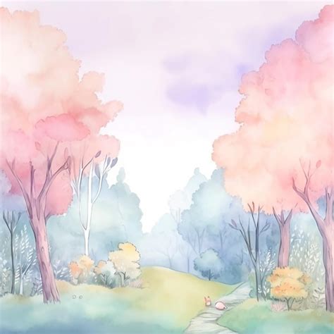 Uma Pintura Em Aquarela De Um Caminho Em Uma Floresta Um Fundo Rosa