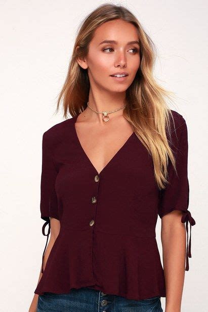 Always Lovely Plum Purple Button Up Peplum Top Casual Skirt Outfits