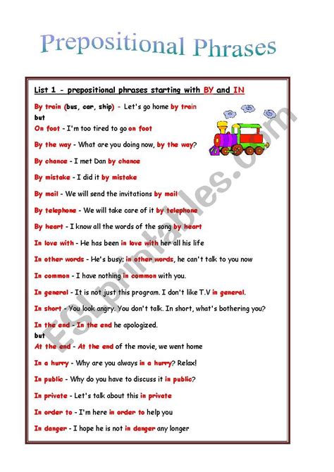 Prepositional Phrases Exercises With Answers