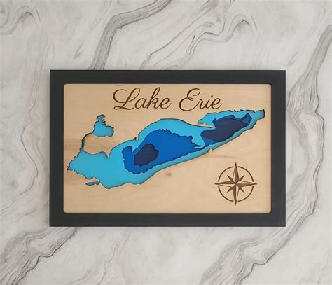 Lake Erie Depth Map Layered Wall Art, Great Lakes Wall Decor, Great ...