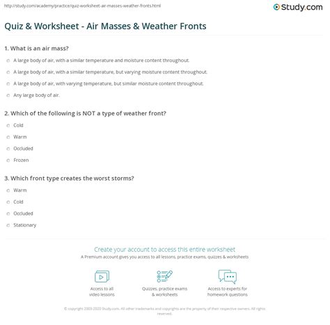 Quiz & Worksheet - Air Masses & Weather Fronts | Study.com