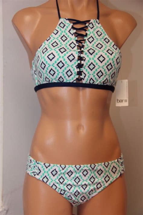 Nwt Bar Iii Swimsuit Bikini 2pc Set Size M High Neck Diamond Jade Ebay