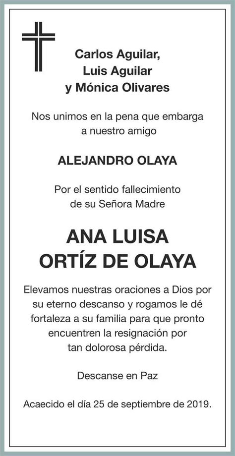 Señora Ana Luisa Ortiz de Olaya Obituario Esquela