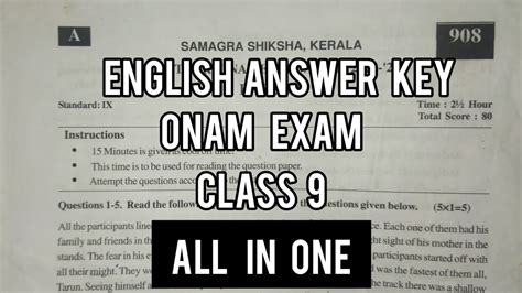 9th Class English Onam Exam Answer Key 2022 YouTube