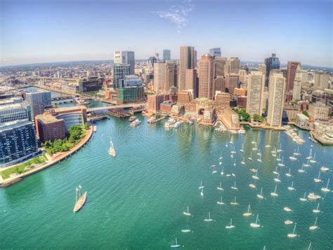 Boston Massachusetts Skyline From Above By Drone During Summer Stock