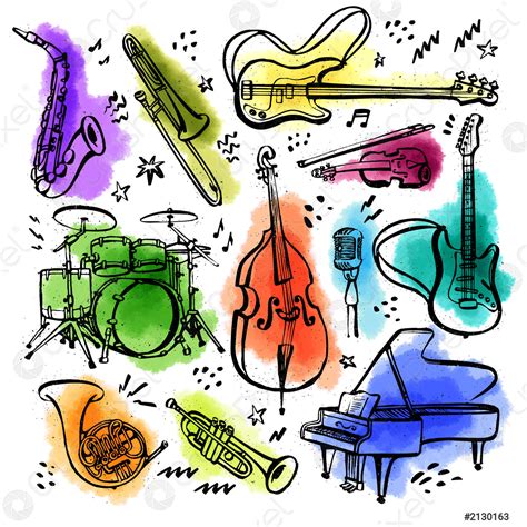 Hand Drawn Set Of Music Instruments Ink Style Vector Illustration