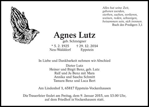 Traueranzeigen Von Agnes Lutz Zeit Des Gedenkens De