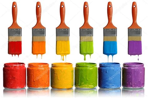 Paintbrushes Dripping into Paint Containers — Stock Photo ...