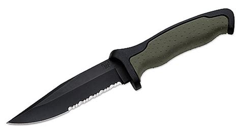 Buck Knives Nighthawk Black Oxidized 4-7/8" Combo Blade Olive Insert Handle - KnifeCenter ...