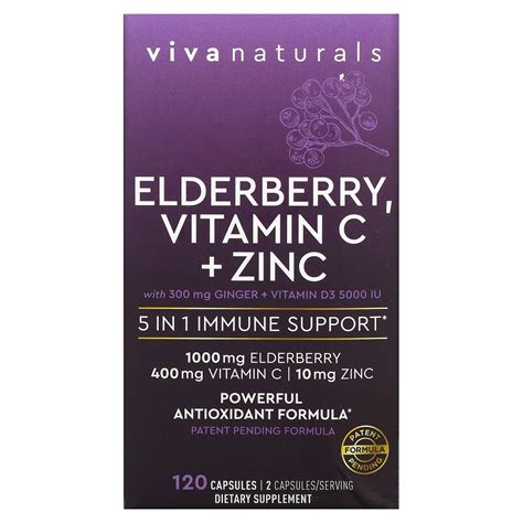 Elderberry Vitamin C Zinc 5 In 1 Immune Support 120 Capsules Viva