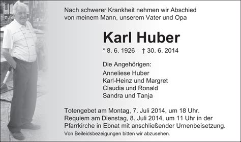 Traueranzeigen Von Karl Huber Ostalbtrauer