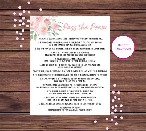 Pass The Poem Bridal Shower Game Pink Floral Pass The Poem Etsy