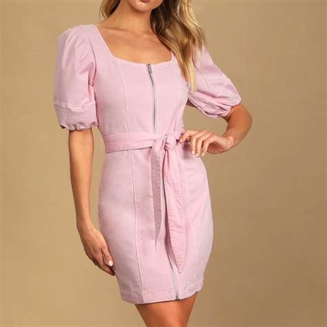 Lulus Dresses Ellinor Blush Pink Puff Sleeve Zipfront Denim Mini