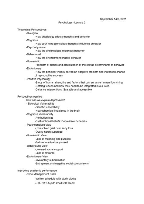 PSYC Lecture 2 Notes September 14th 2021 Psychology Lecture 2