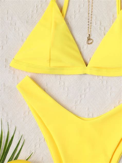 SHEIN Swim Vcay Neon Yellow Bikini Set Triangle Bra Top High Cut