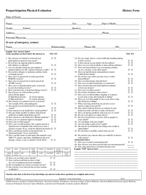 Fillable Online Preparticipation Physical Evaluation History Form