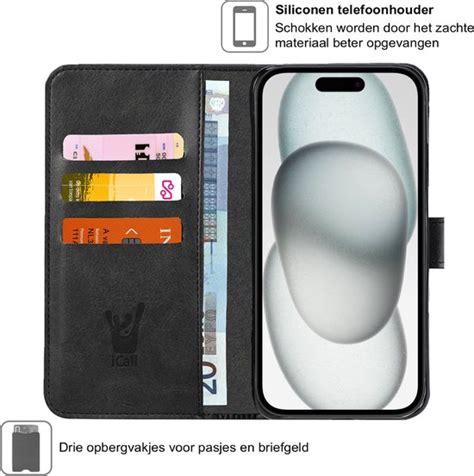 IPhone 15 Hoesje Screen Protector FullGuard Book Case Leer