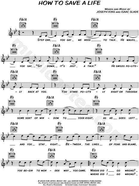 The Fray How To Save A Life Sheet Music Leadsheet In Bb Major