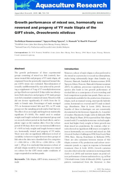 Pdf Growth Performance Of Mixed Sex Hormonally Sex Reversed And Progeny Of Yy Male Tilapia Of