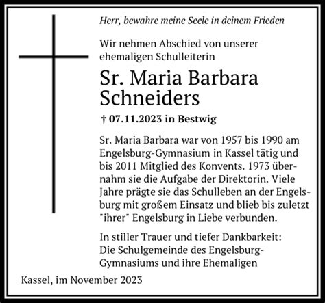 Traueranzeigen Von Maria Barbara Schneiders Trauer Hna De