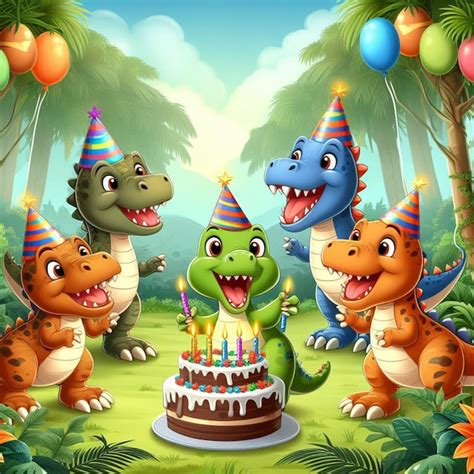 Dyno celebra su cumpleaños en un bosque Ilustración de dibujos animados