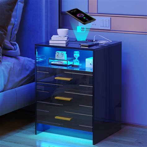 Hnebc Led Nightstand With Charging Station High Gloss Black Night Stands With Wirelessusbtype