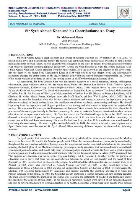 Pdf Sir Syed Ahmad Khan And His Contributions An Essay