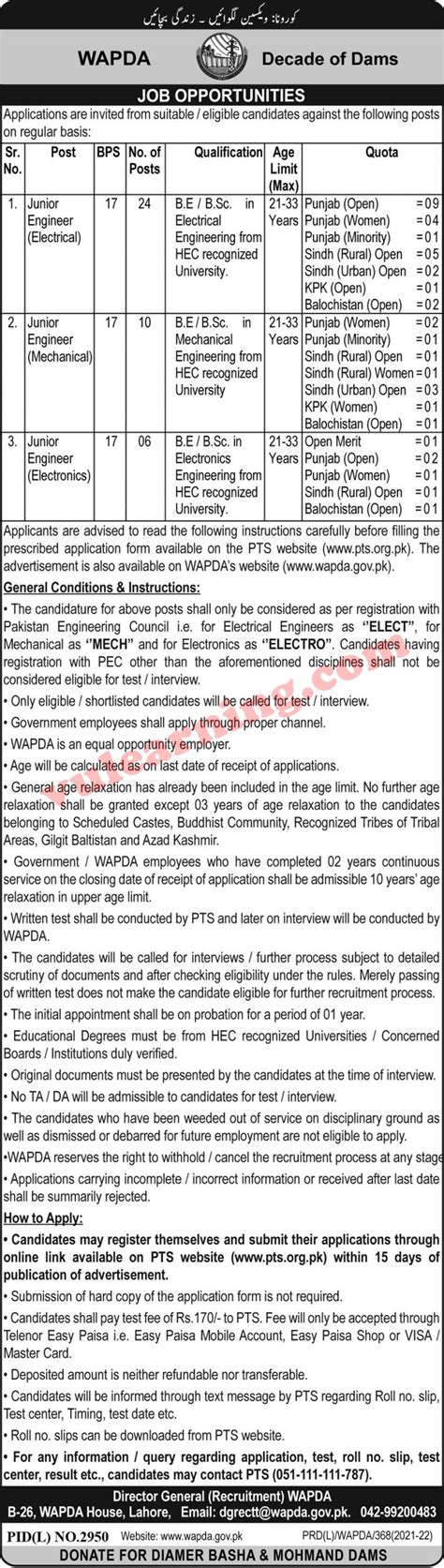 Wapda Jobs For Junior Engineers Bps Pts Apply Online Latest