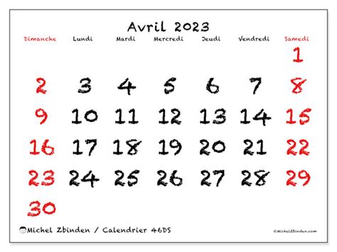 Calendrier Avril 2023 à Imprimer 46ds” Michel Zbinden Be