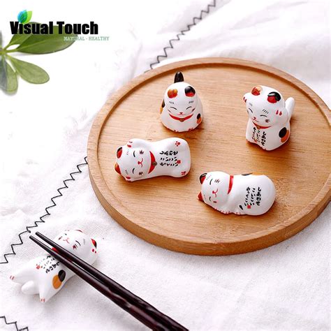 Visual Touch Japanese Style Lucky Cat Bamboo Chopsticks Ceramic Chopsticks Holder Spoon Holder