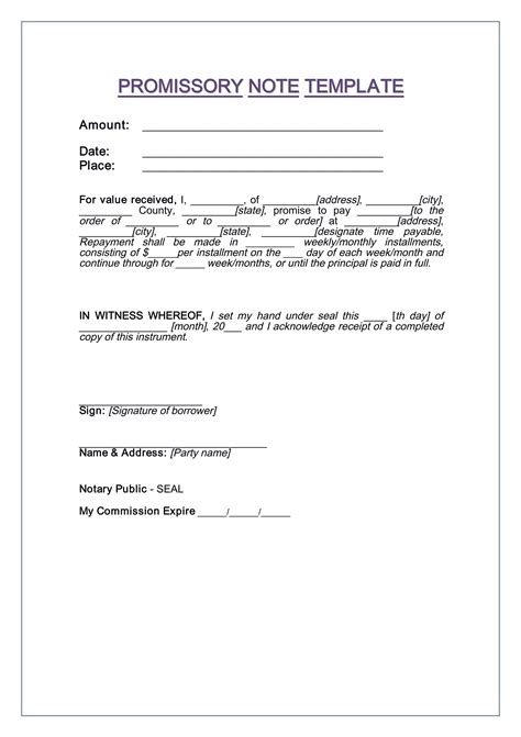 Free Promissory Note Template Word Printable Templates