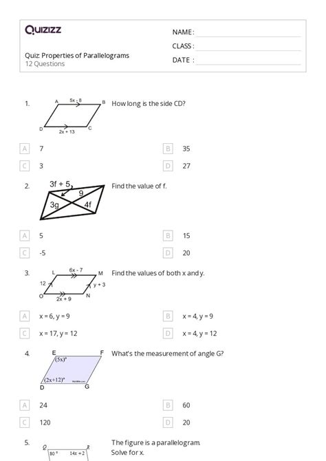 50 Properties Of Parallelograms Worksheets For 9th Grade On Quizizz Free And Printable